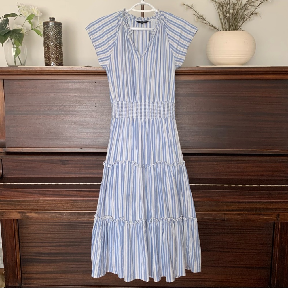 Lucky Brand Coastal Blue/White Striped Tiered Midi Dress, Size Medium